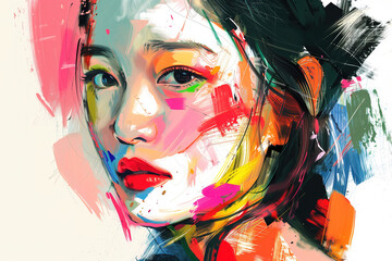 Asian woman creative artistic portrait, beautiful colorful drawing, oil painting, on white background, creative art, artistic drawing
