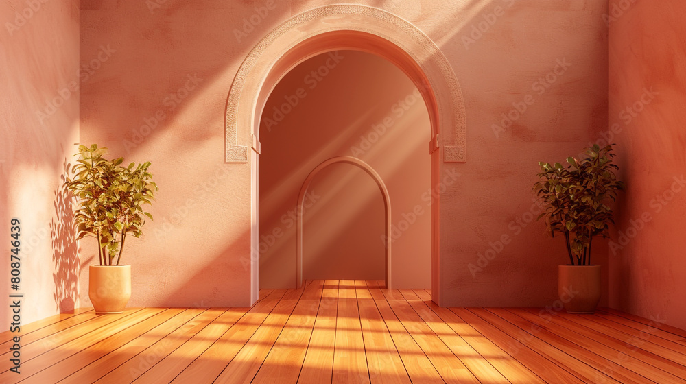 Wall mural Stylish 3D office featuring a Moorish entrance and brown wood floor in soft morning light. - Wall murals