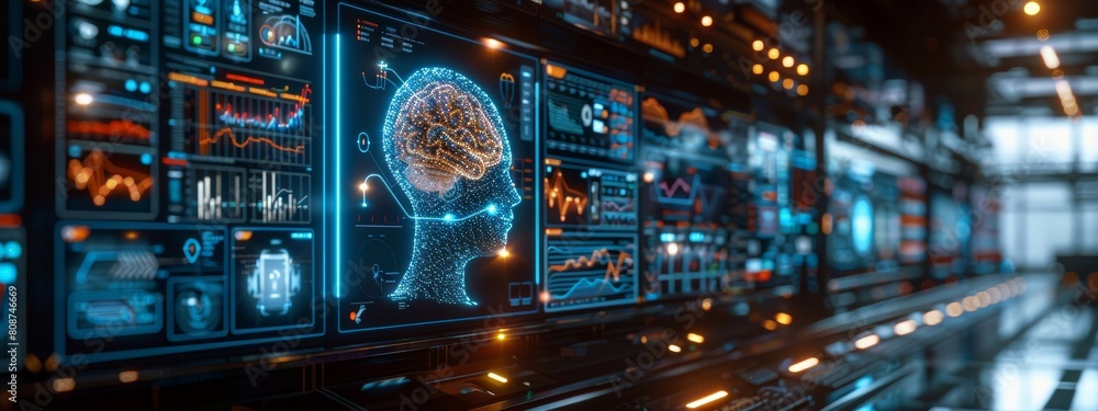 Poster high-tech workstation with multiple ai interfaces, focusing on erp modules like finance, human resou