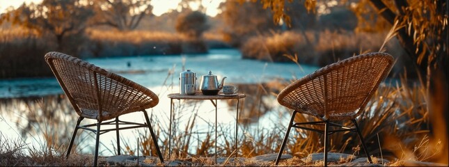 Two rattan chairs on the edge of an open area by water, surrounded by reeds and trees. In front is a small table with two cups placed on it. The background features a lake in autumn, warm tones