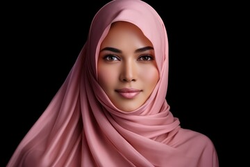 Fototapeta na wymiar Portrait of beautiful caucasian happy smiling woman wearing pink hijab over black png background. Waving head scarf, femininity, concept of goods for muslim islamic women. Copy space for design.