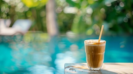 glass of iced coffee with a straw, placed on the edge of a swimming pool on background pool