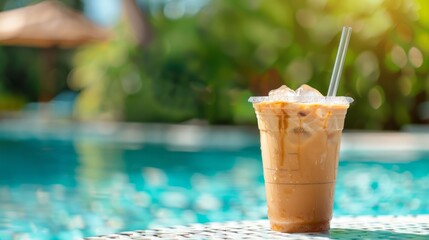 glass of iced coffee with a straw, placed on the edge of a swimming pool on background is blurred