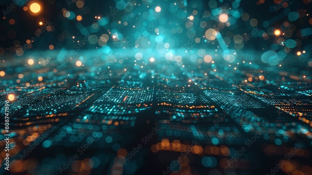 Poster visualization of smart contracts, digital documents with glowing terms, legal tech environment