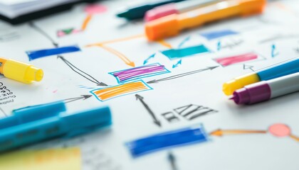 Closeup of a business plan flowchart on a whiteboard with colorful markers, concept for strategic planning in startup development