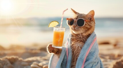 Red cat in glasses with a cocktail on the beach, Holliday summer conception