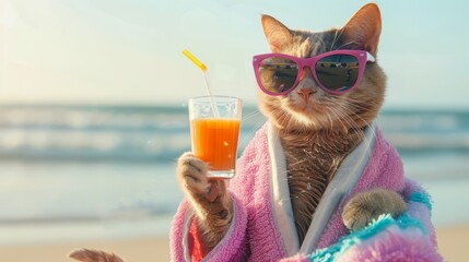 Ginger cat with glasses holds a glass of cocktail on the beach, summer vacation