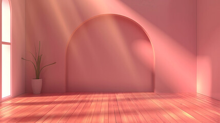 Comfortable 3D living room with an arch entrance, rose pink flooring, and a sunlit glow.