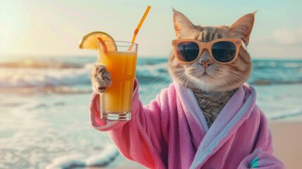 cat wearing sunglasses and a bathrobe, holding a juice in a glass with a straw on the beach