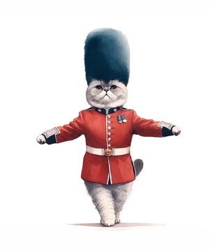 Watercolor illustration of a British Shorthair cat dancing in a meticulously detailed Royal Busby Guard uniform, embodying a regal aura.