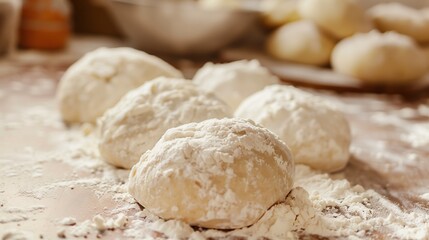 Raw dough balls with flour on table, closeup. Cooking process
