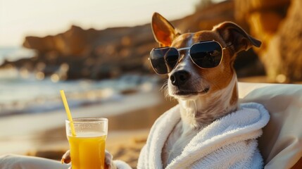 dog with glasses holds a glass of cocktail on the beach, summer vacation