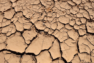 Close-up of dry cracked soil texture in arid area due to lack of water amid global warming. Concept of environmental problems