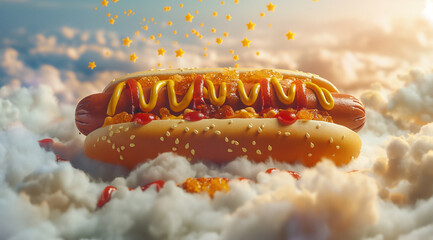 hot dog with mustard and ketchup in the sky