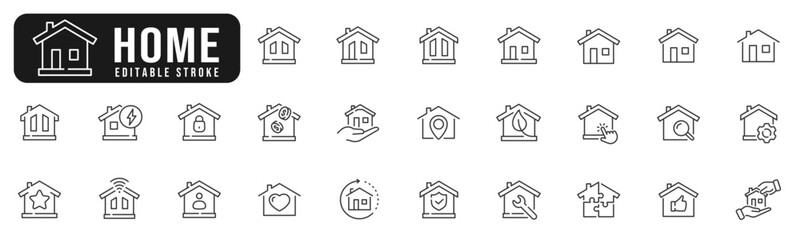 Set of home related line icons. House, estate, building, property etc. Editable stroke