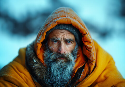 AI Image. Bearded man in warm clothing in Polar scene