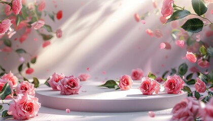 A romantic setting with a podium surrounded by pink roses, ideal for springtime displays or Valentine’s and Easter-themed promotions