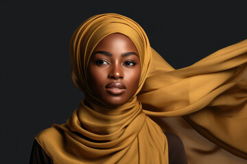 Portrait of beautiful black skin woman wearing hijab over black png background. Waving head scarf, femininity, concept of goods for muslim islamic women. Copy space for text and design.