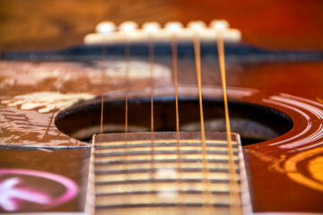 Fretboard and strings with frets of a six-string guitar very close	
