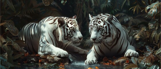 White tiger swimming in water, amidst dense forest, featuring majestic black stripes, a rare and endangered predator in its natural habitat