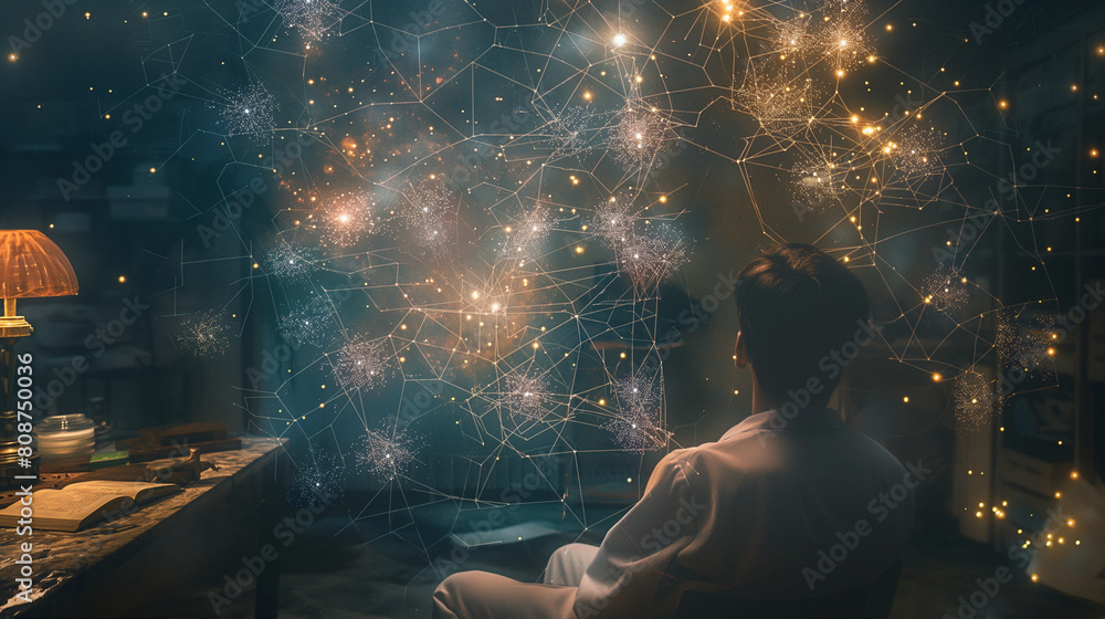 Poster within the hologram, pulsing synapses resemble fireworks against a dark sky, illuminating the comple