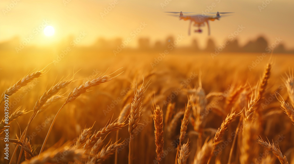 Poster amidst fields of golden wheat, autonomous drones soar overhead, scanning the crops below with advanc