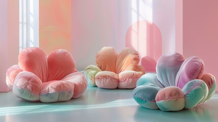 big flower shaped fluffy pillows serving as armchairs, bold modern design, pastel colors
