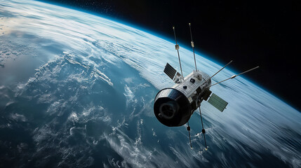 Obraz premium Within the void of space, a telecommunication satellite hovers like a silent sentinel, its sleek form a stark contrast to the infinite darkness as it serves as a lifeline of commun