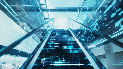 Innovative glass staircase featuring digital displays in a futuristic office setting.