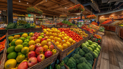 Fototapeta premium Within the vibrant ambiance of the produce section, shopping cart stands overflow with a bounty of fruits and vegetables, their vibrant colors and enticing aromas tempting shoppers