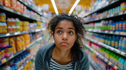 Against the backdrop of towering shelves filled with products, a young woman navigates her shopping cart with a worried expression, her brows furrowed in concentration as she tries