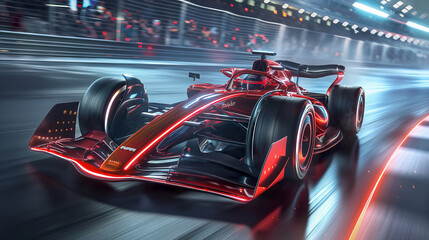 Fototapeta premium A modern Formula 1 racer takes a sharp turn on the track, their sleek car hugging the asphalt with precision as they push the limits of speed and agility, thrilling spectators with