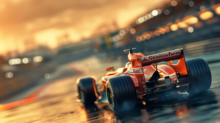 Fototapeta premium Against the backdrop of a bustling racetrack, a Formula 1 racer leans into a sweeping turn with calculated precision, their car hugging the asphalt as they push the limits of speed