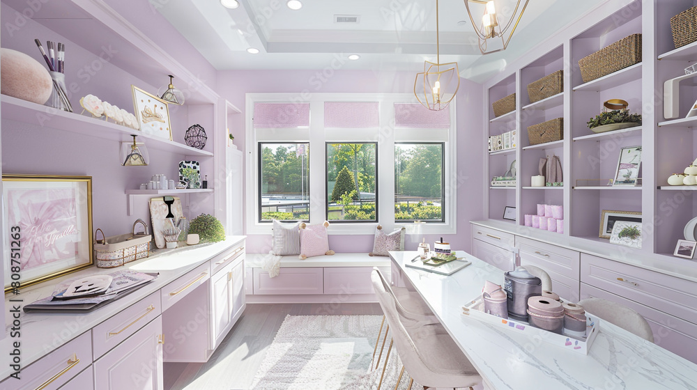 Wall mural Sunlit craft room with lavender walls and white marble tops. - Wall murals