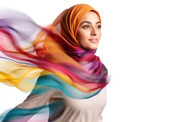 Portrait of beautiful caucasian skin woman wearing hijab over white png background. Waving head scarf, femininity, concept of goods for muslim islamic women. Copy space for text and design.