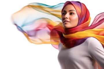 Portrait of beautiful caucasian skin woman wearing hijab over white png background. Waving head scarf, femininity, concept of goods for muslim islamic women. Copy space for text and design.