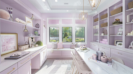 Sunlit craft room with lavender walls and white marble tops.