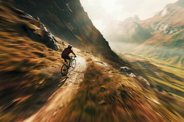 Obraz premium Cyclist speeding down a mountain trail with a dynamic blur effect.