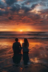 Fototapeta premium Couple Sitting on Beach Watching Sunset