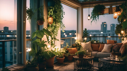 A room with a stunning urban view, enhanced by the presence of lush plants and soft indirect lighting, creating a tranquil city retreat.