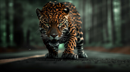 Green-eyed predator - savage beauty, growling jaguar stalking prey on forest road.