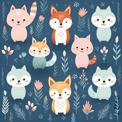 Obraz premium Handdrawn style whimsical pets, pastel tones on a seamless pattern, ideal for nursery fabric designs