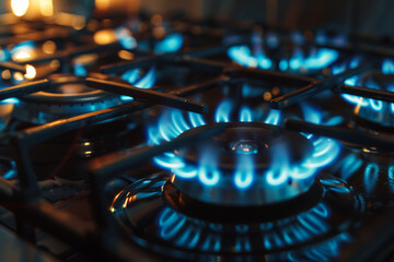 Enchanting blue flames dancing atop a gas stove, illuminating the darkened kitchen ambiance.