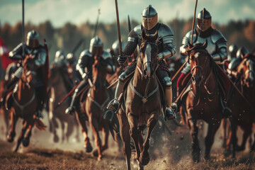 Medieval knights charge into battle, a dynamic scene of historical reenactment.