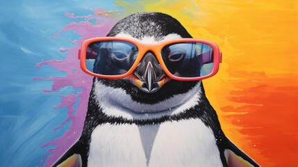 A photo of a penguin wearing sunglasses, with a colorful abstract background. AIG51A.