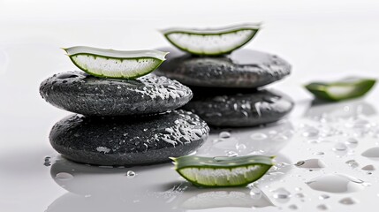 Creating a visually appealing and calming image of aloe vera sliced leaf and spa stones on a white background requires attention to composition and lighting.