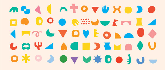 Brutalist shapes for minimal style design. Constructor of trendy geometric postmodern primitive figures. Vector illustration of brutalist contemporary star, oval, flower, line and forms