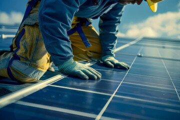closeup of handyman installing solar panel on rooftop renewable energy solutions