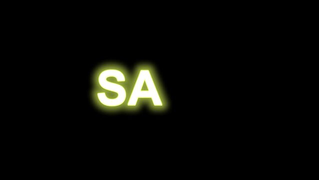 Sale word neon green yellow light on black background. Each letter lights up one after other and then reverse. Animation