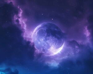 Night sky view focusing on a crescent moon surrounded by a halo of muted indigo and lilac, creating a serene and mystical environment for backdrops or magazine photography